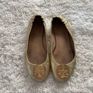 Gold Tory Burch Minnie Travel Ballet Flats